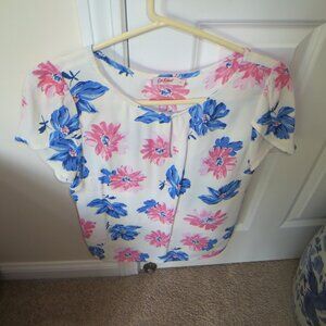 Cath Kidston Red+Blue Floral Blouse Front Clasp Crew Neck Short Sleeve Size 10